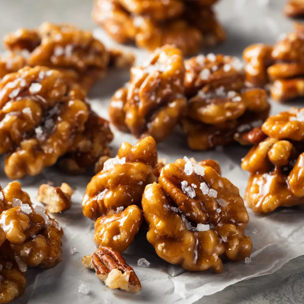 Praline crunch pieces resting on slightly crumpled white parchment paper on a metal baking pan.