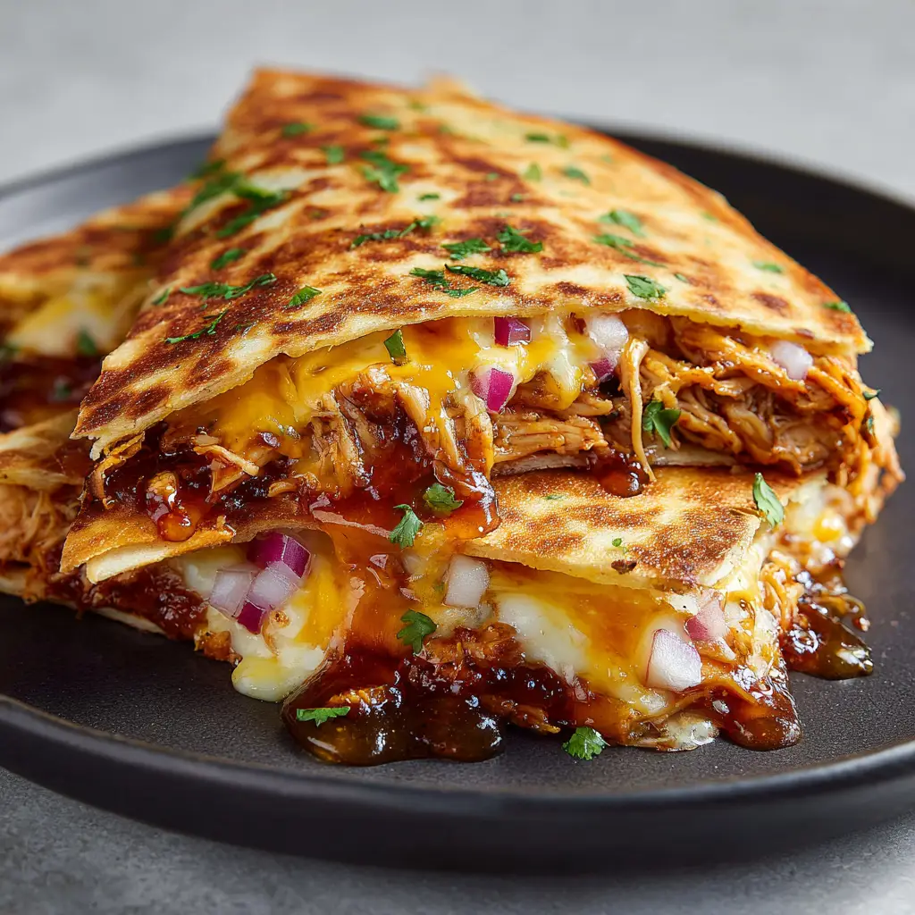 Two golden-brown toasted quesadilla wedges on a black plate, with hot honey drizzled over the top and cilantro garnish.