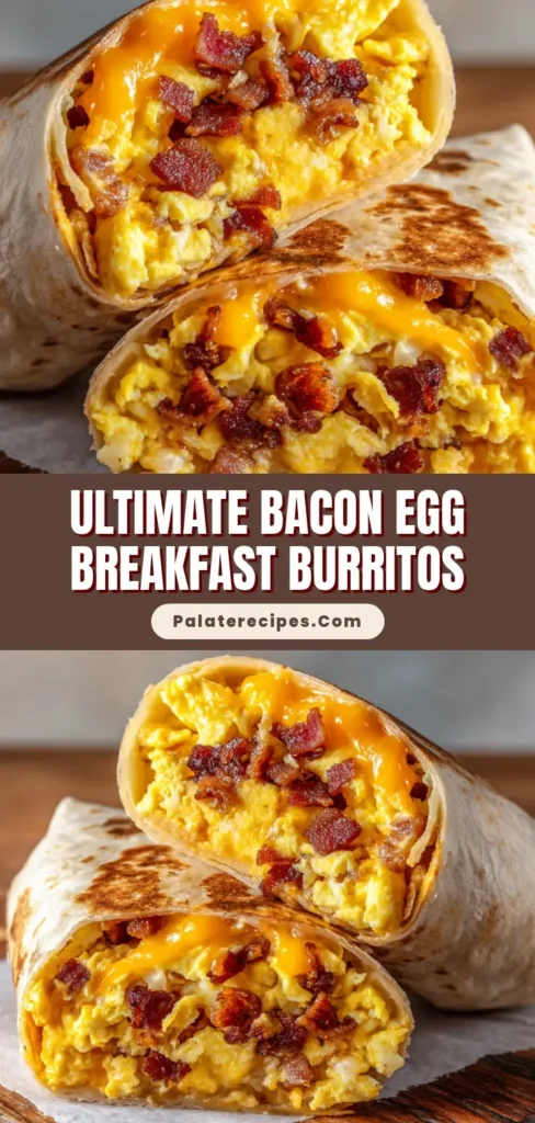 The Ultimate Bacon and Egg Breakfast Burrito Recipe 5 A perfectly rolled bacon and egg breakfast burrito is cut in half, revealing fluffy eggs, crispy bacon, and melted cheese on a wooden board.
