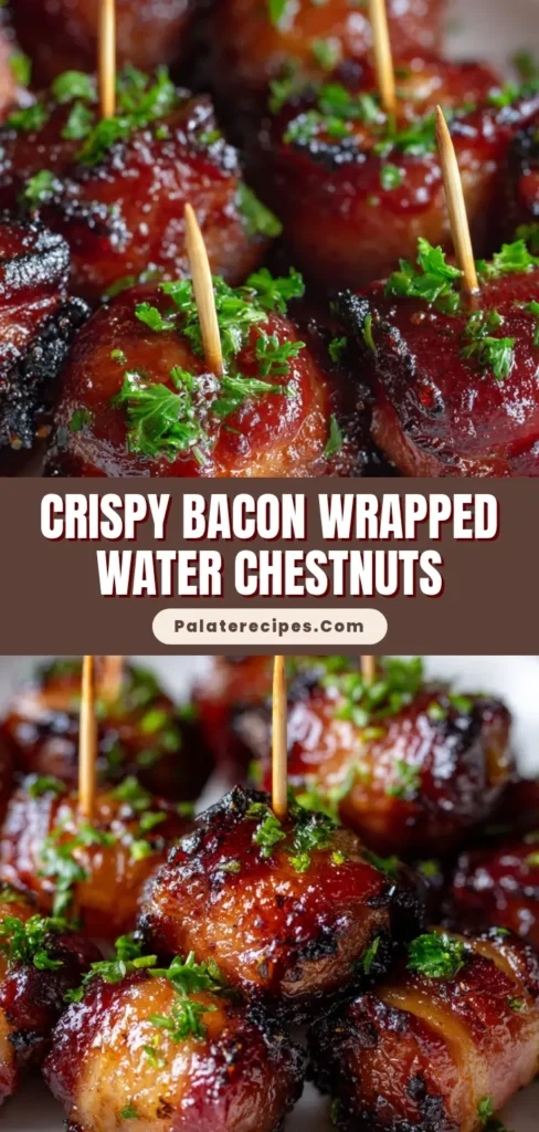 The Ultimate Bacon Wrapped Water Chestnuts with a Sticky Soy Glaze 5 A platter of perfectly crispy bacon wrapped water chestnuts coated in a glossy, dark amber glaze and garnished with fresh parsley.