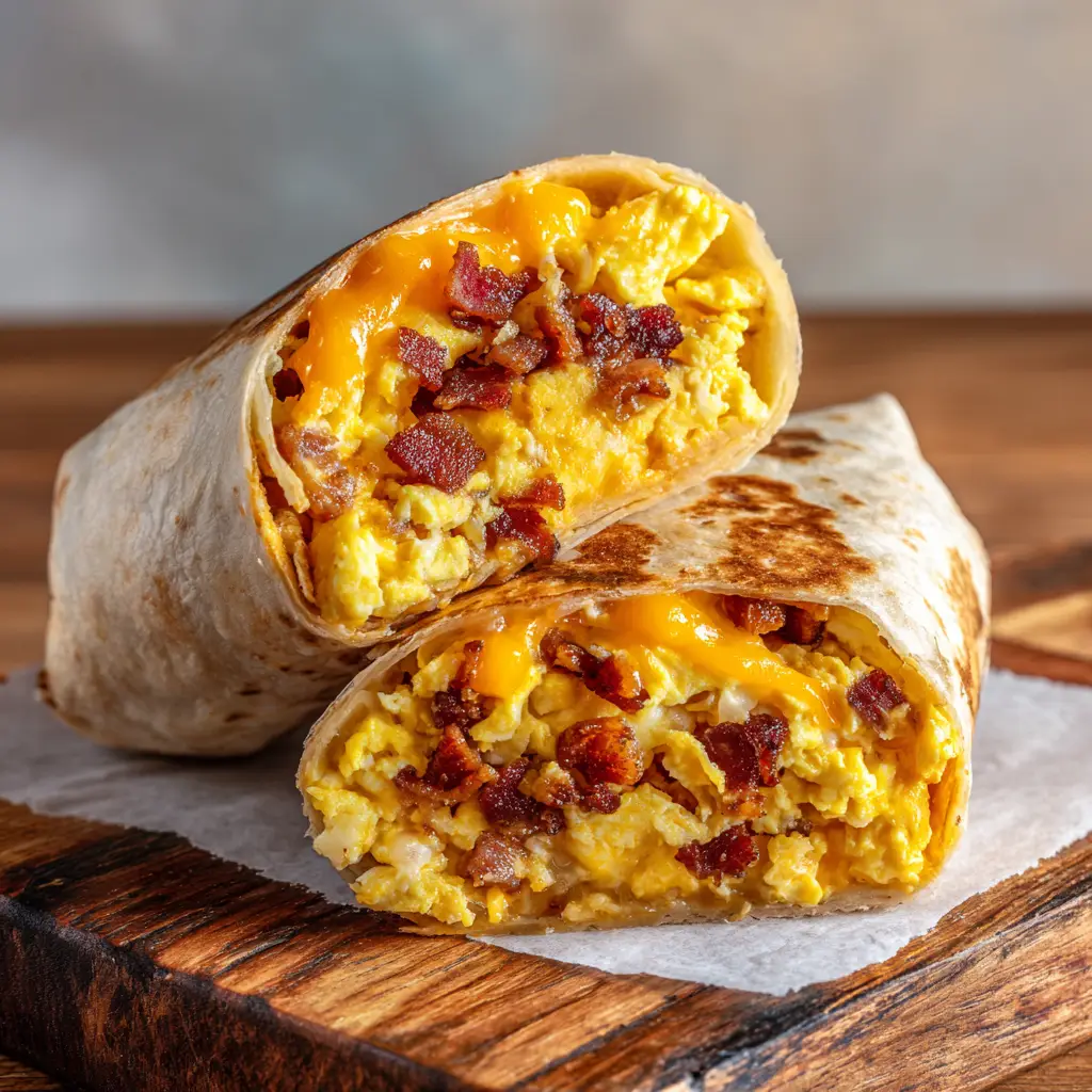 The Ultimate Bacon and Egg Breakfast Burrito Recipe 3 A close-up cross section of a bacon and egg breakfast burrito. Thick layers of bright yellow scrambled eggs, crispy bacon, and stringy orange cheddar cheese are visible inside a golden tortilla.