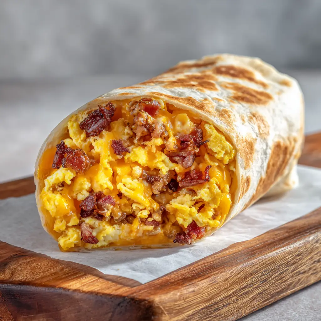 The Ultimate Bacon and Egg Breakfast Burrito Recipe 2 A halved breakfast burrito resting on parchment paper on a rustic cutting board. The fillings, including fluffy eggs and melted cheese, are neatly packed inside.