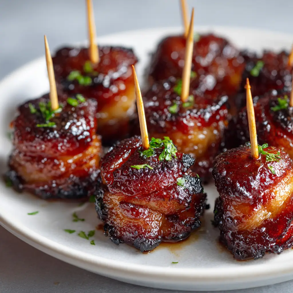 The Ultimate Bacon Wrapped Water Chestnuts with a Sticky Soy Glaze 2 A serving platter of freshly baked Bacon Wrapped Water Chestnuts, glistening with a dark brown glaze and sprinkled with chopped parsley.