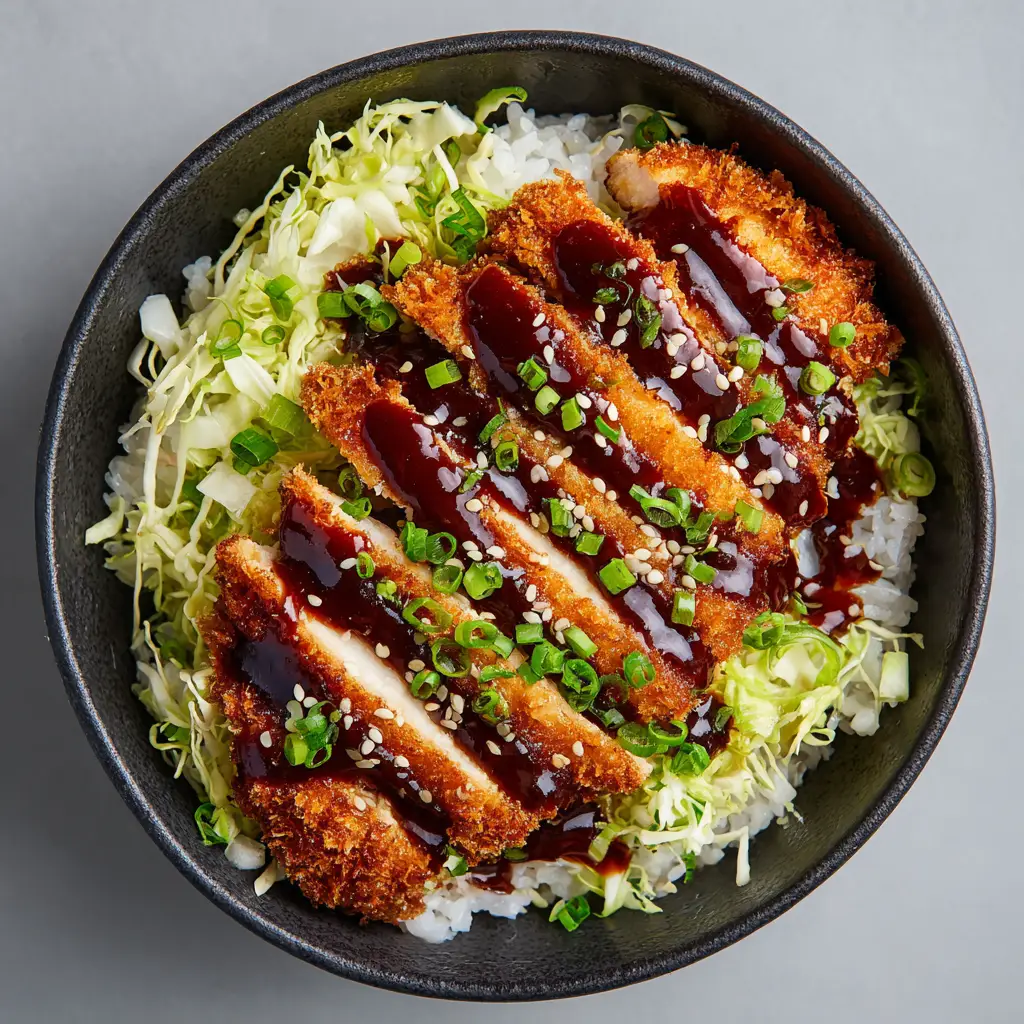 Japanese Katsu Bowls: The Ultimate Guide to Crispy Perfection 3 A top-down close up of a Japanese Katsu bowl. Features crispy panko-breaded chicken strips drizzled with Tonkatsu sauce over shredded cabbage and rice.