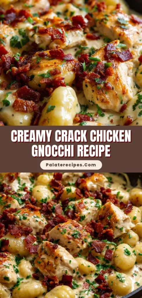 A dark rustic cast iron skillet filled with crack chicken gnocchi, featuring golden-brown chicken chunks, glossy pale-yellow cheese sauce, crumbled bacon, and fresh parsley.