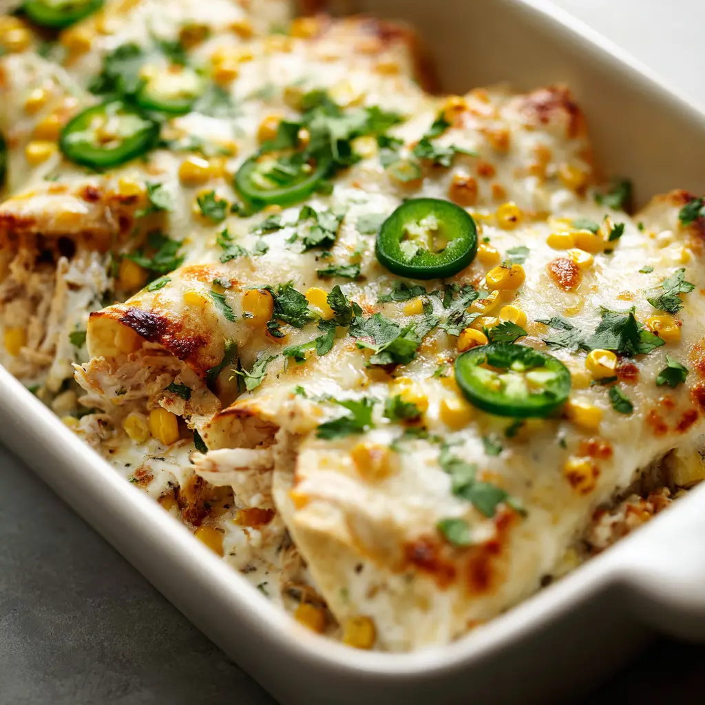 Thick white chili cream sauce poured over baked tacos, topped with golden browned spots of melted Monterey Jack cheese.