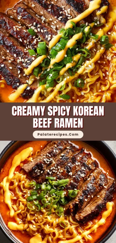 A close-up handheld smartphone photo of Spicy Korean Ramen in a deep matte black ceramic bowl, topped with charred beef, wavy noodles, and a creamy drizzle.