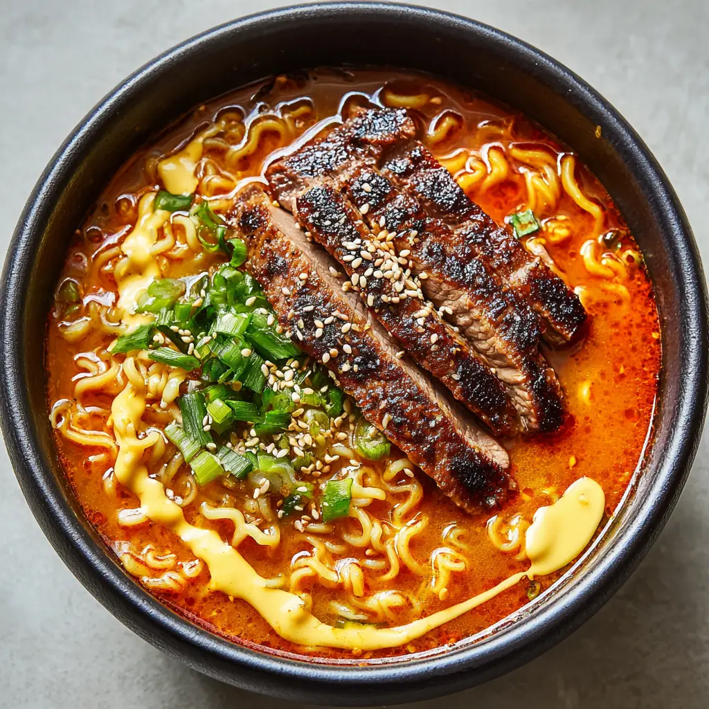 A rich, pale yellow creamy sauce drizzled diagonally across caramelized beef and spicy wavy ramen noodles.
