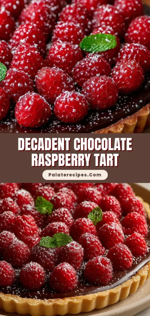 A gorgeous Chocolate Raspberry Tart on a beige ceramic plate, featuring a golden-brown fluted crust, thick glossy dark chocolate ganache, and whole red raspberries dusted with powdered sugar.