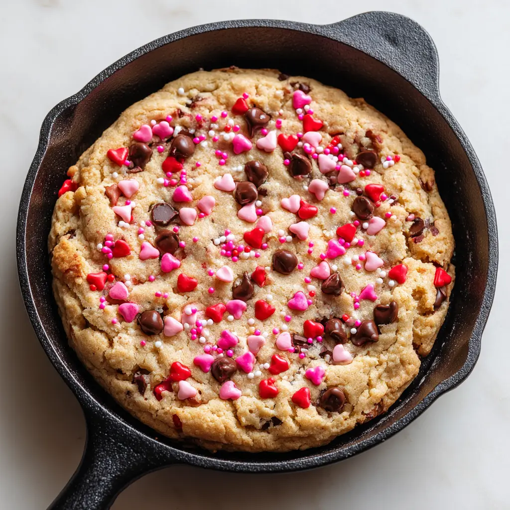 Crispy raised edges of a chocolate chip cookie meeting the walls of a black cast-iron skillet, topped with melted milk chocolate chips.