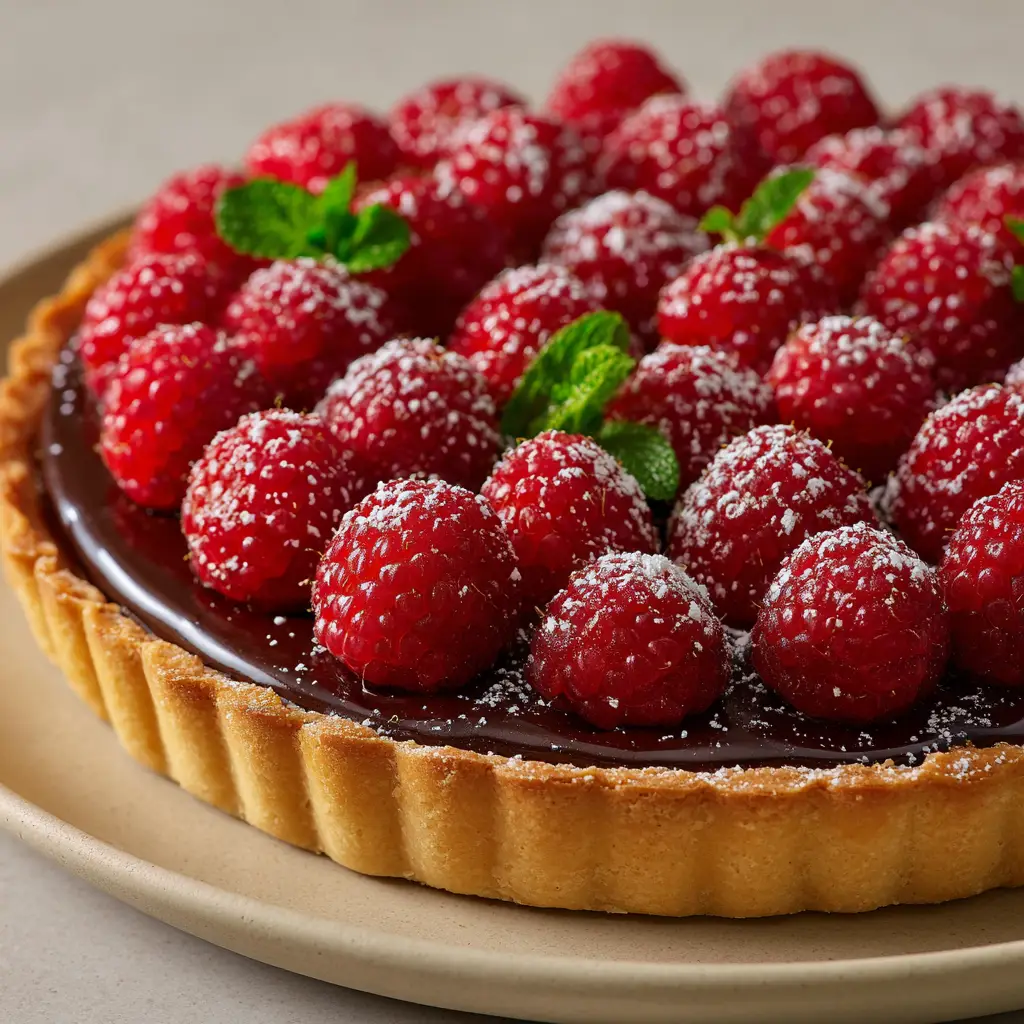 Top-down view of a Chocolate Raspberry Tart dusted lightly with white powdered sugar, garnished with two fresh green mint leaves in the center.