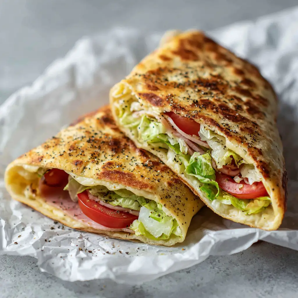 Cottage cheese flatbread folded into a sandwich wrap with crisp green romaine, folded turkey slices, and red tomato on crumpled parchment.