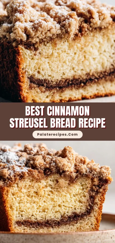 A thick slice of tender Cinnamon Streusel Bread resting on a rustic matte ceramic plate, featuring a dark cinnamon swirl and thick, golden-brown craggy crumble topping.