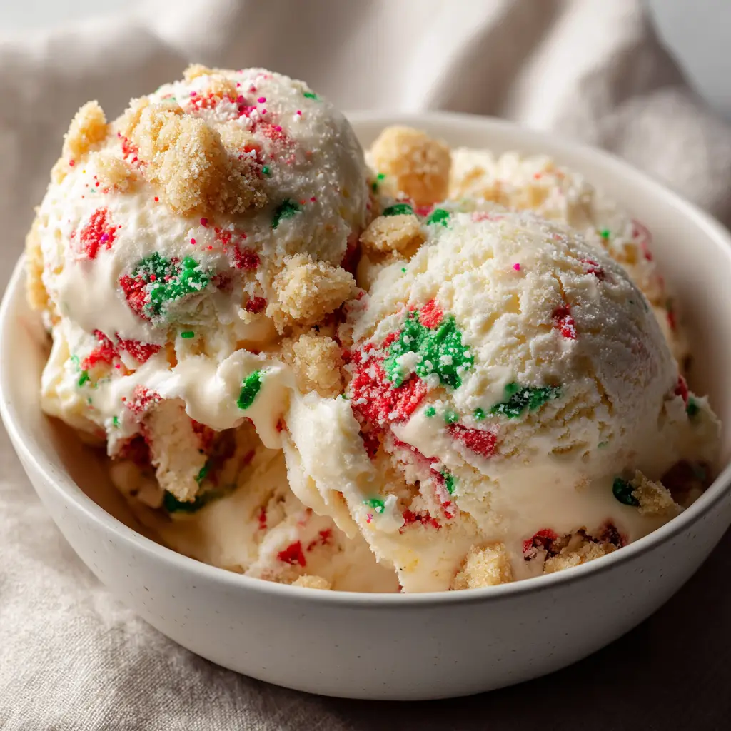 A close-up view of vanilla ice cream topped with tiny green and red icing shards and baked cookie crumbs.