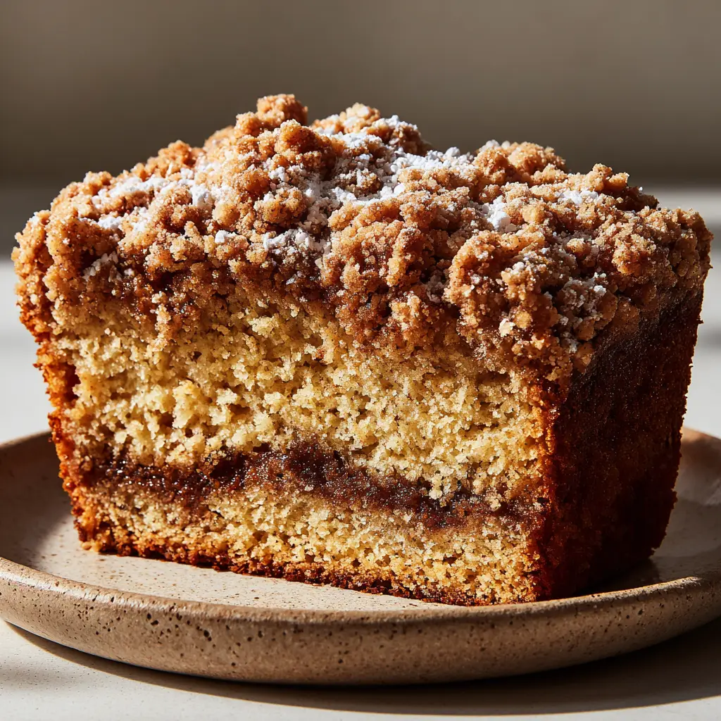 Top view of Cinnamon Streusel Bread heavily covered with a golden-brown, buttery crumble topping baked to a crisp, craggy texture with a dusting of powdered sugar.