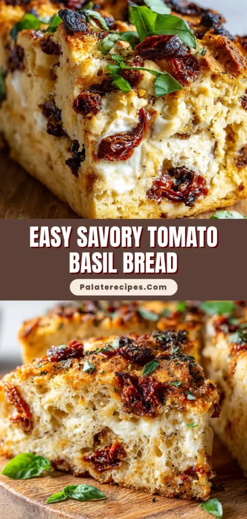 A freshly baked thick slice of Savory Tomato Basil Bread with a golden-orange crumb, gooey mozzarella, and sun-dried tomatoes on a wooden board.