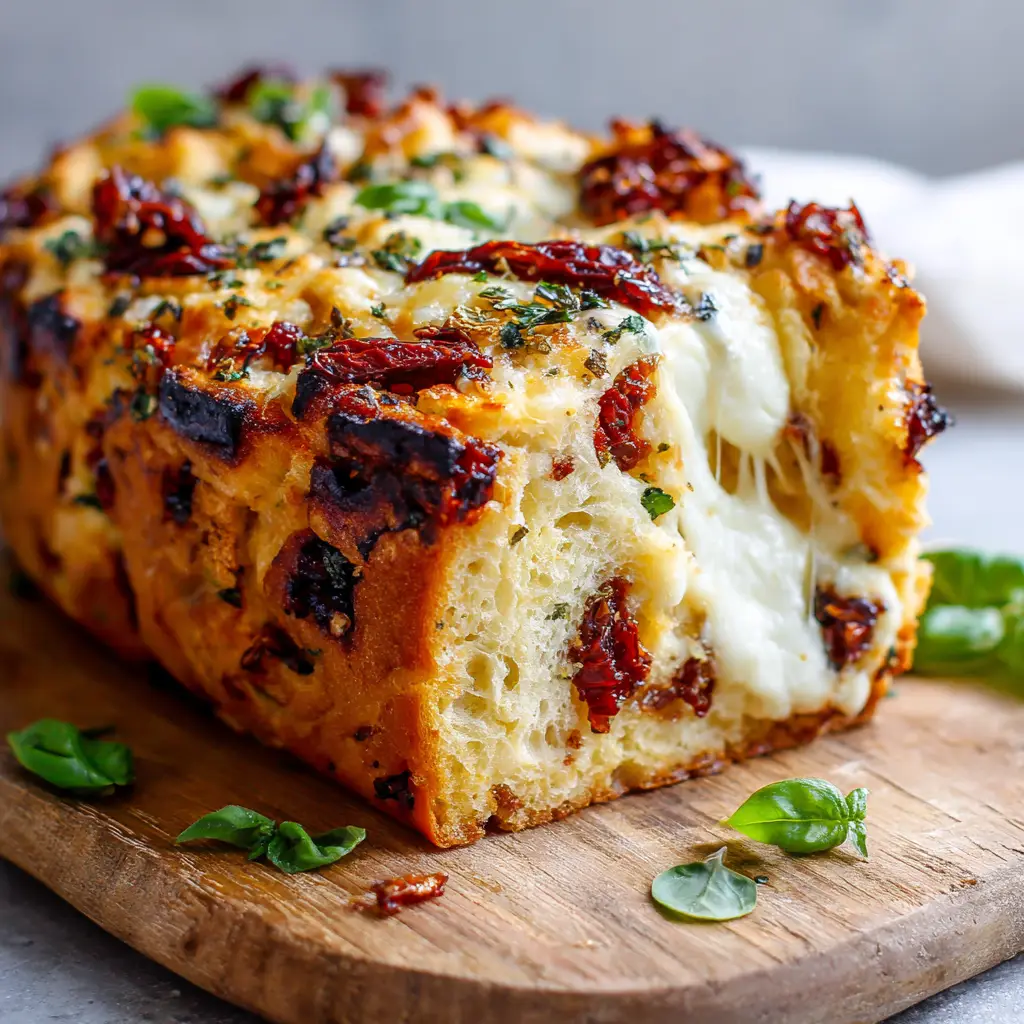 Dark golden-brown charred bread crust heavily textured with baked-in dried herb flakes, garnished with freshly torn bright green basil leaves.