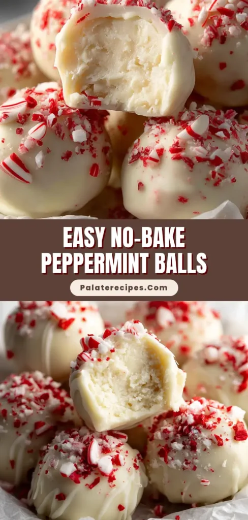 A shareable image of No-Bake Peppermint Balls on a ceramic dish, with text overlay for Pinterest.