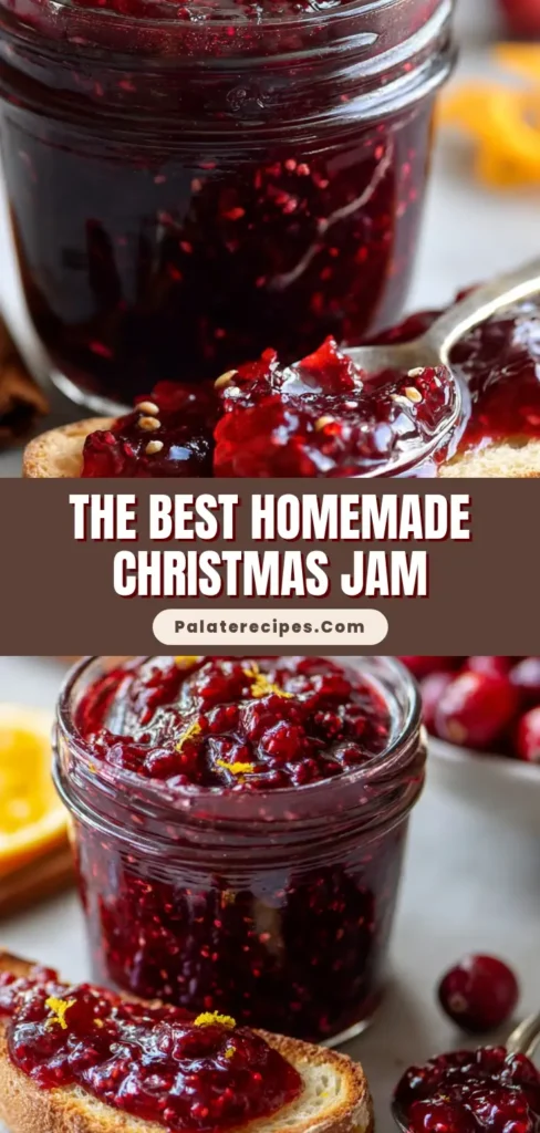 A silver spoon holding up a scoop of glossy, chunky red Christmas Jam from a glass jar. (Christmas Jam Recipe)