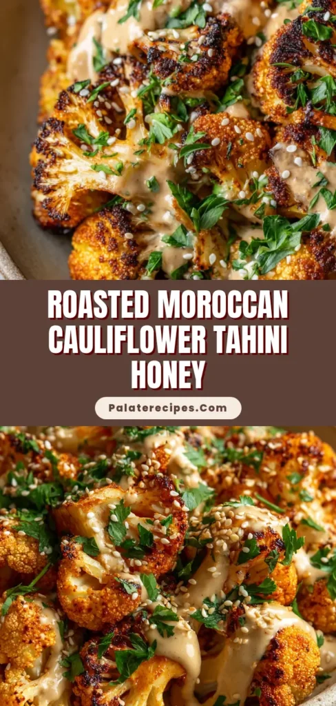 A close-up of roasted Moroccan Cauliflower in a rustic ceramic bowl, showing a deep golden-brown char, a creamy tahini drizzle, and a garnish of sesame seeds and parsley.
