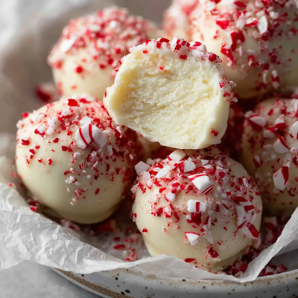 A detailed shot of round, bite-sized No-Bake Peppermint Balls coated in hardened white candy and encrusted with coarse shards of crushed peppermint candy.