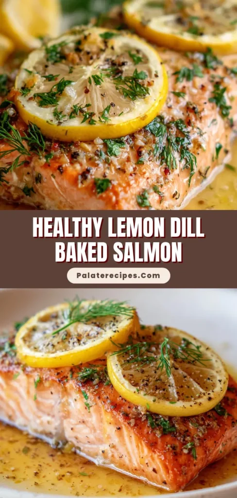 A perfectly baked thick salmon fillet on a white plate, topped with caramelized lemon slices, fresh green dill, and coarse black pepper. (Lemon Dill Baked Salmon)