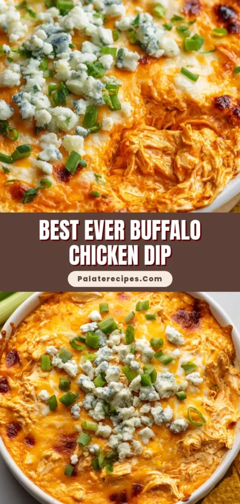 An overhead shot of a perfectly baked Buffalo Chicken Dip in a white dish. The dip is topped with blistered cheddar cheese, crumbled blue cheese, and fresh chives, ready to be shared.