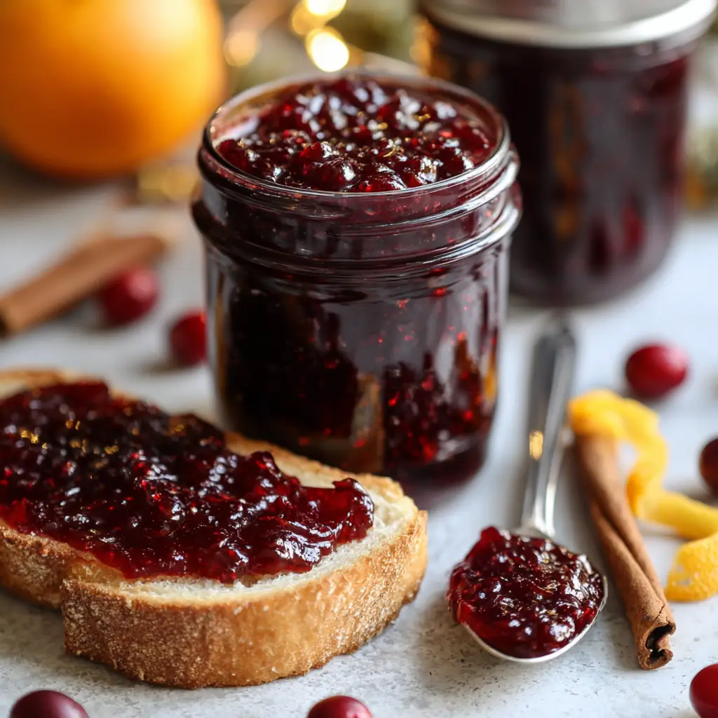 A close-up shot of the chunky texture of homemade Christmas jam, with whole cranberries, a cinnamon stick, and an orange curl nearby.