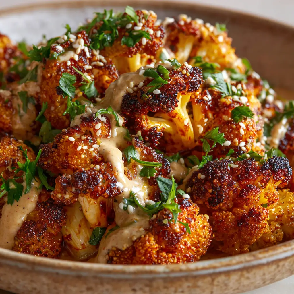 A serving of roasted Moroccan Cauliflower being drizzled with a thick, creamy beige tahini-honey sauce, garnished with fresh herbs.