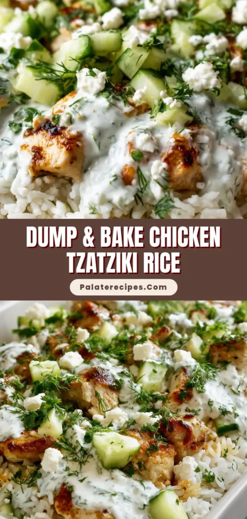 Dump and Bake Chicken Tzatziki Rice: Your New Weeknight Obsession 5 A top-down view of a freshly baked Dump and Bake Chicken Tzatziki Rice casserole in a white dish, garnished with fresh dill, parsley, and feta.