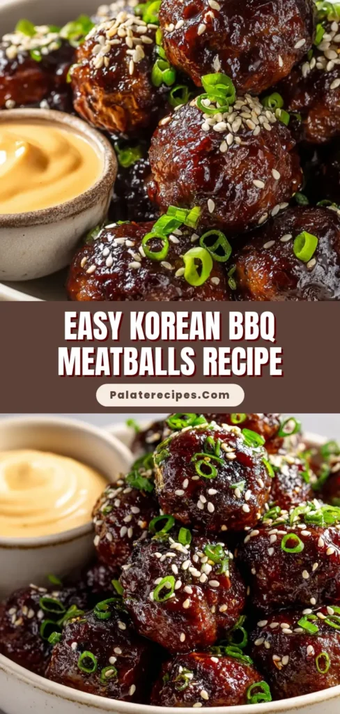 A shareable pin image showing Korean BBQ Meatballs in a white bowl with a side of spicy mayo dip, with text overlay for Pinterest.