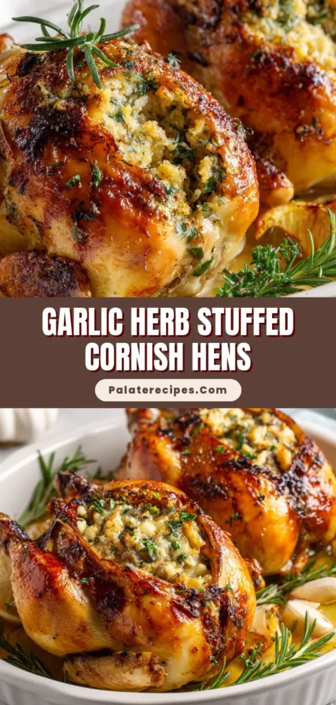A close-up vertical shot of two whole roasted Stuffed Cornish Game Hens glistening with a garlic butter glaze and garnished with fresh rosemary sprigs.
