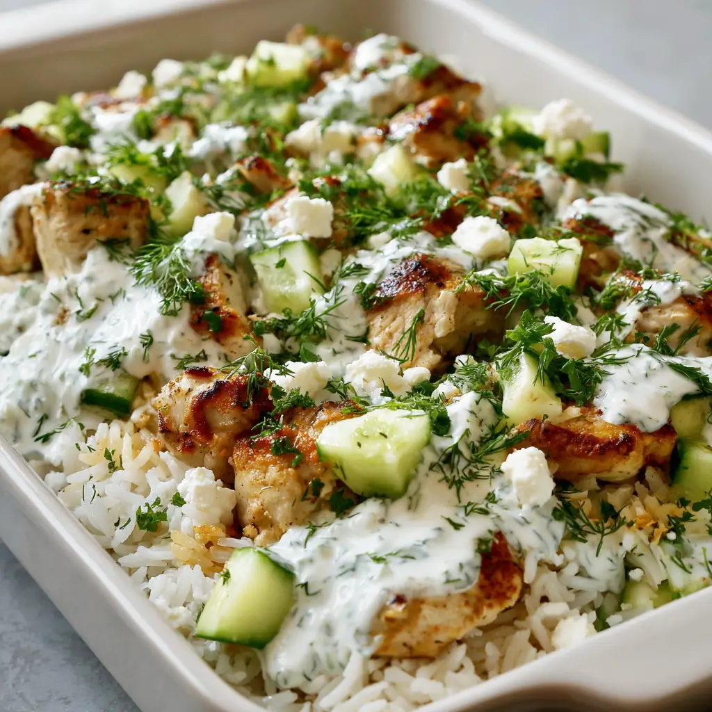 Dump and Bake Chicken Tzatziki Rice: Your New Weeknight Obsession 3 A close-up side view of the Dump and Bake Chicken Tzatziki Rice in a rectangular ceramic dish, showing the layers of fluffy rice and tender chicken chunks topped with a thick tzatziki sauce.