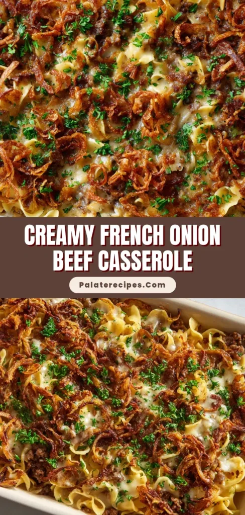 A close-up overhead shot of French Onion Beef Casserole in a baking dish, topped with a thick layer of crispy fried onions, patches of melted gooey cheese, and a garnish of fresh parsley.