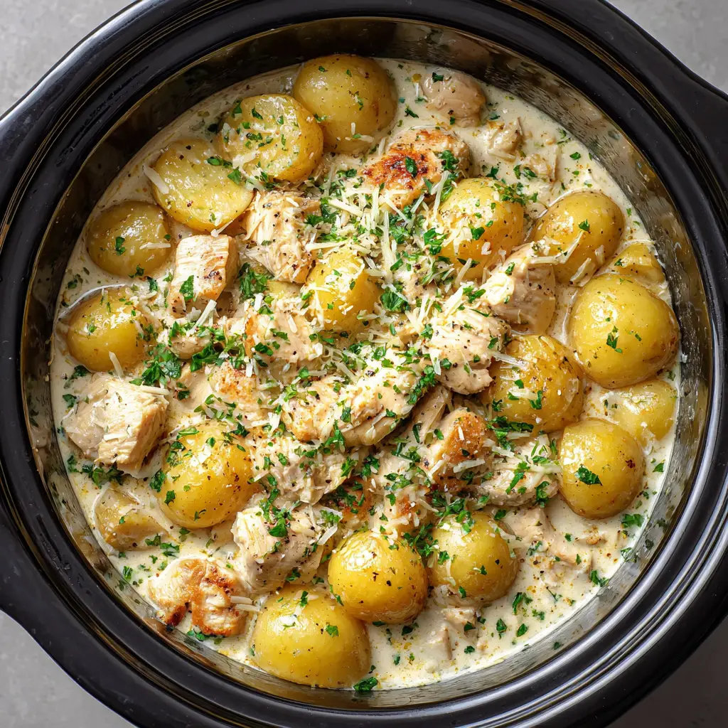 Slow-cooked chicken breast chunks and quartered baby yellow potatoes smothered in a rich cream sauce inside a slow cooker vessel.