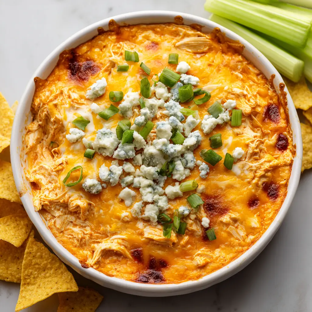 A detailed texture shot of the creamy Buffalo Chicken Dip, highlighting the finely shredded chicken mixed into the orange sauce and the melted mozzarella and cheddar topping.