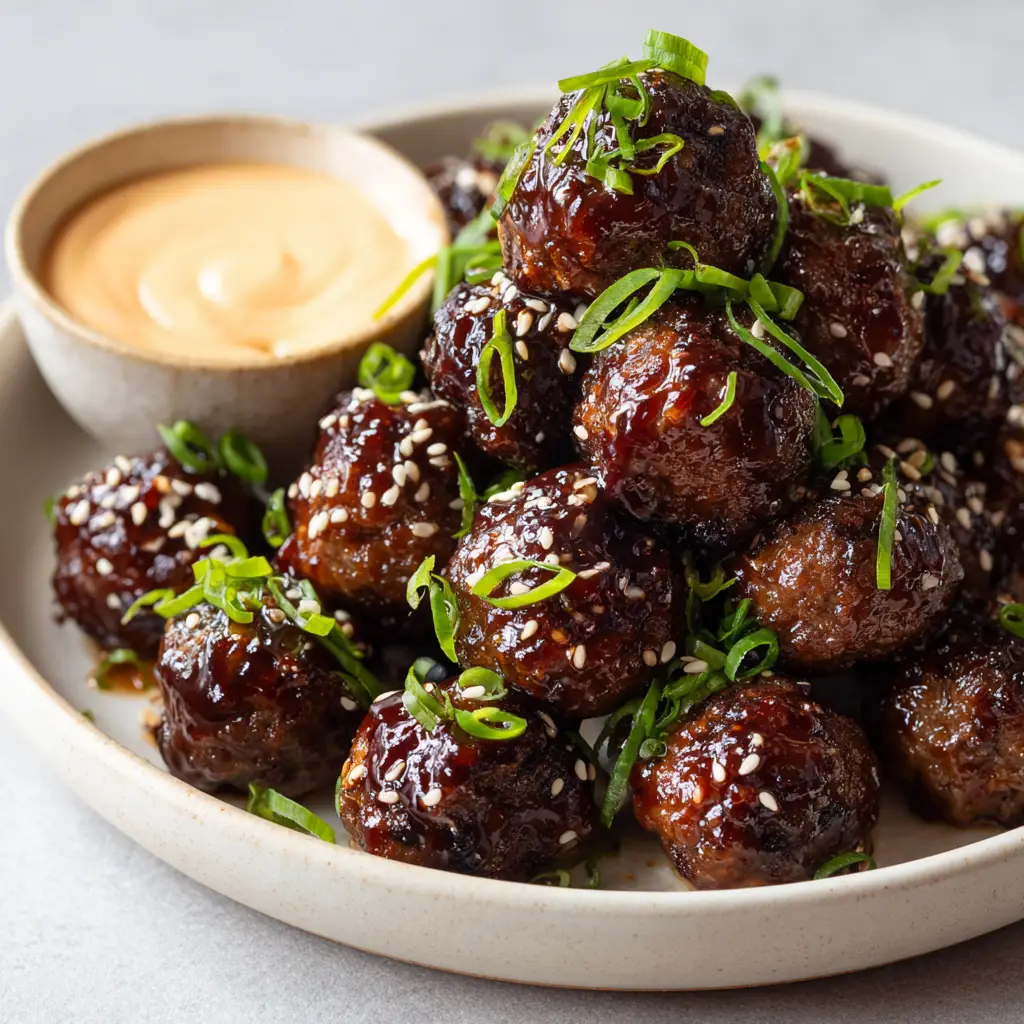 A small ramekin filled with a thick, creamy pale orange spicy mayo dip sits beside a bowl of dark brown glazed Korean BBQ meatballs.