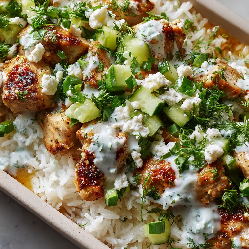 Dump and Bake Chicken Tzatziki Rice: Your New Weeknight Obsession 2 A detailed shot of the finished Dump and Bake Chicken Tzatziki Rice, highlighting the fresh garnishes of diced cucumber, crumbled feta, and chopped parsley over the creamy sauce.