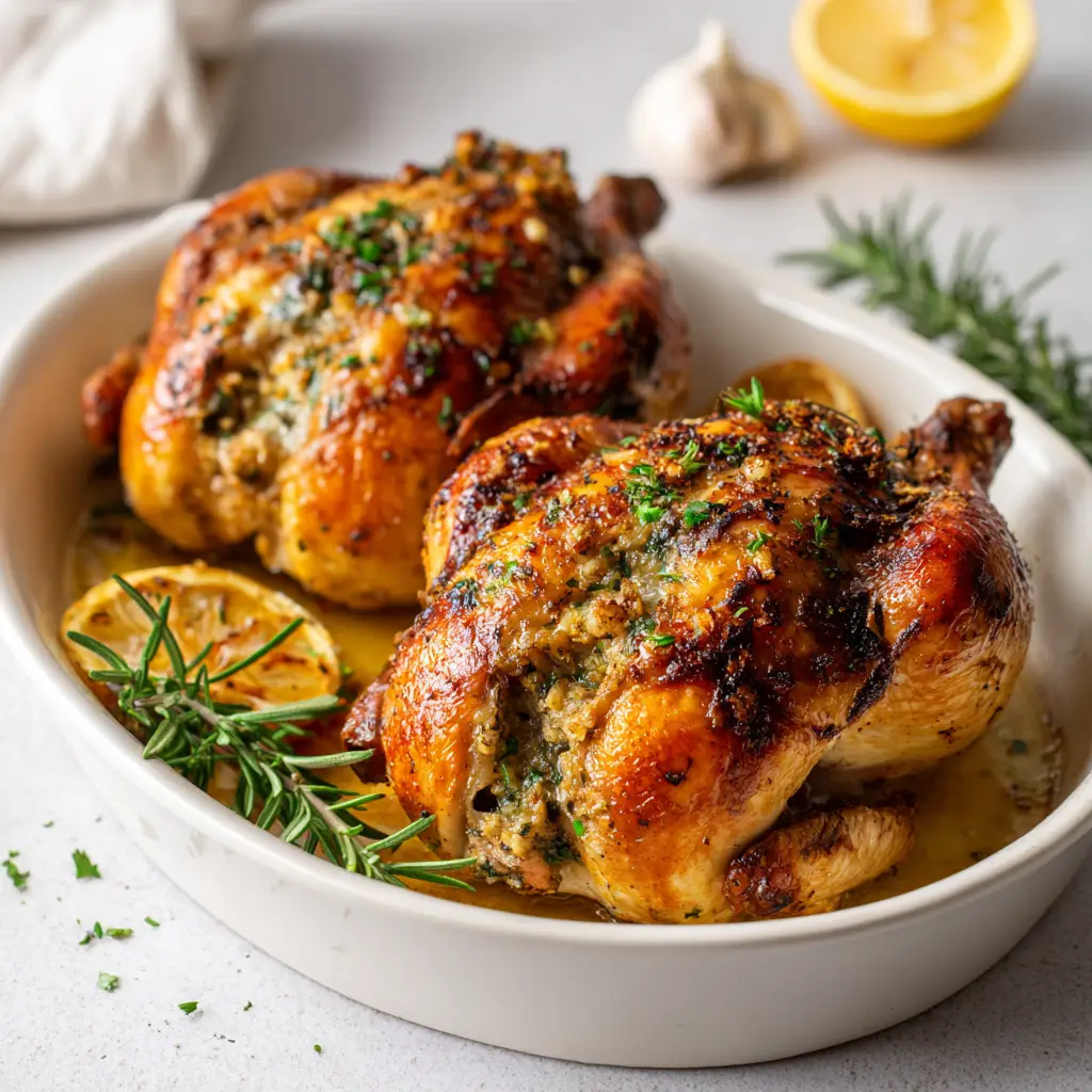 A detailed side-view of a Stuffed Cornish Game Hen, showing the texture of the crispy skin and the herb stuffing visible at the cavity.