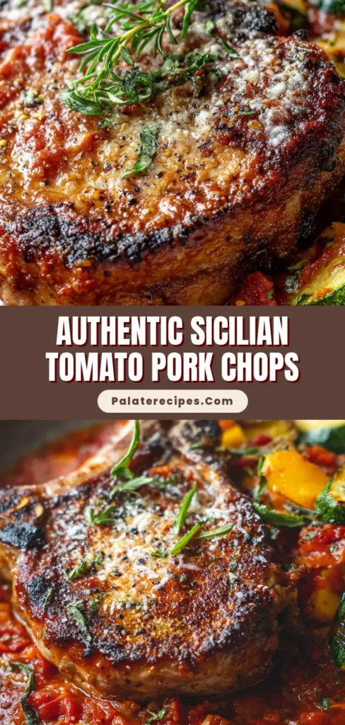 A perfectly seared Sicilian pork chop served in a rustic skillet with a chunky tomato sauce, roasted peppers, and fresh basil.