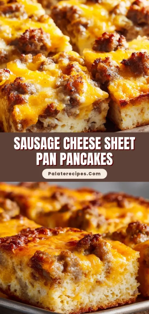 A savory slice of Sausage Sheet Pan Pancakes on a spatula, showcasing the fluffy pancake, browned sausage, and melted orange cheddar cheese.