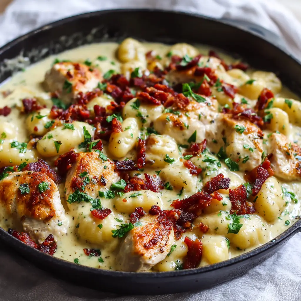 Top down view of a creamy chicken gnocchi dish generously scattered with dark red crispy bacon bits and vibrant green parsley.