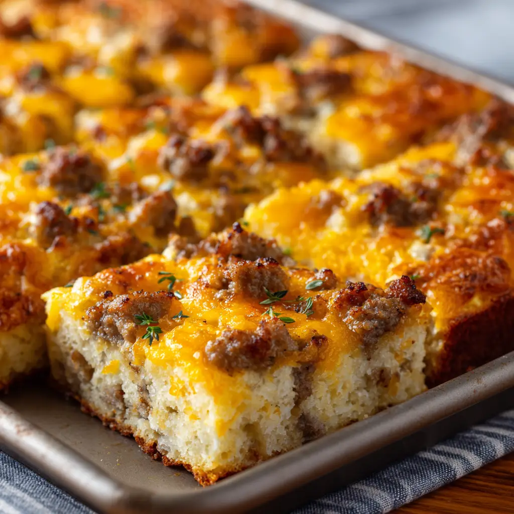 A handheld, eye-level view of a thick square slice of sausage sheet pan pancakes, highlighting the fluffy interior and crispy golden-brown crust.