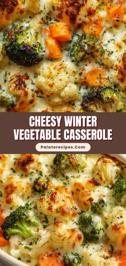 A close up, top-down view of a baked winter vegetable casserole in an oval baking dish. The casserole has a bubbly, golden-brown cheese topping garnished with parsley and black pepper.