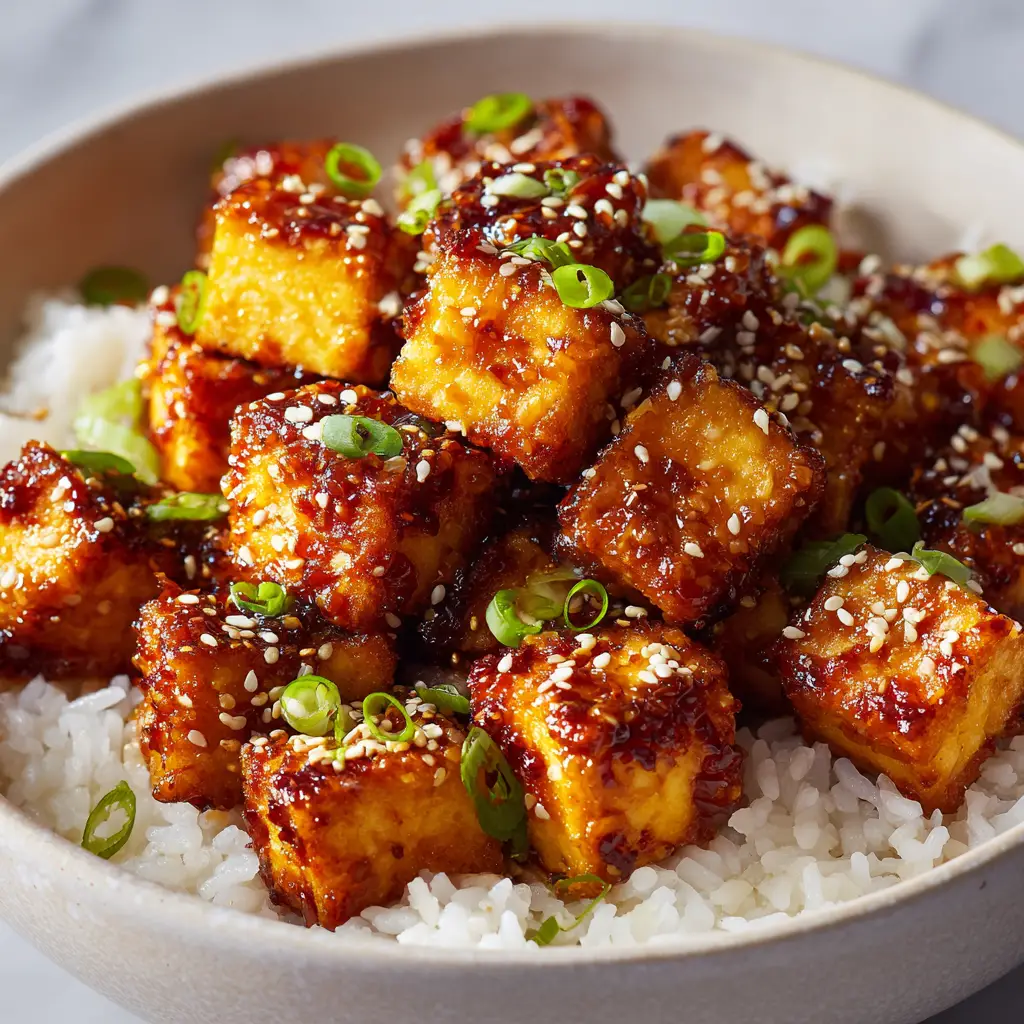 An overhead view of a bowl of Honey Garlic Air Fryer Tofu, showing the fresh chopped green scallions and toasted white sesame seeds sprinkled on top.