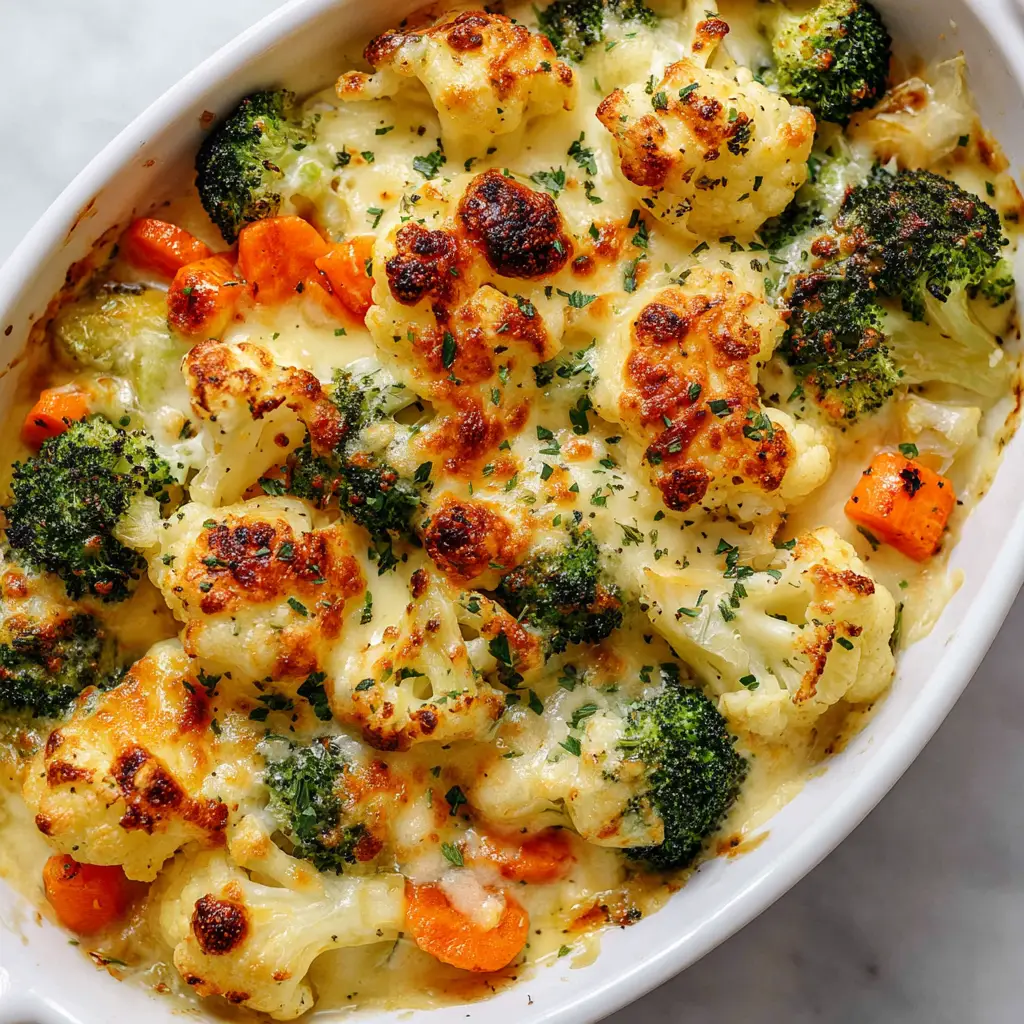 A spoonful of winter vegetable casserole being lifted from the dish, revealing the thick, creamy cheese sauce coating the broccoli, cauliflower, and carrots.