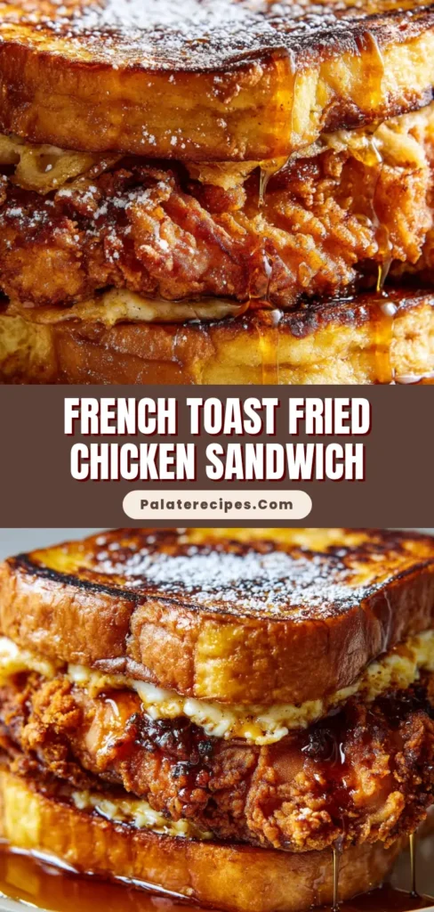 A massive French Toast Fried Chicken Sandwich on a white plate, showing the crispy chicken, golden french toast, and a maple syrup drizzle.