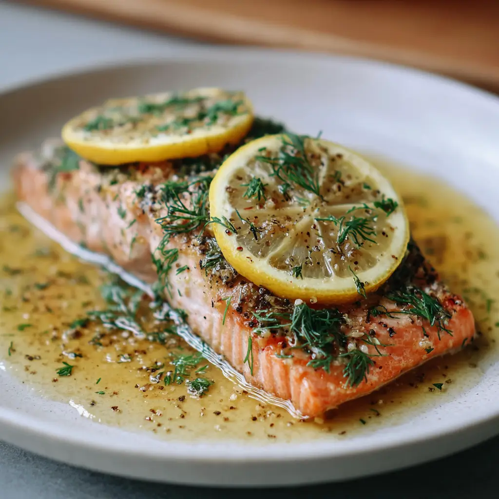 Top view of thick salmon fillets resting on a white ceramic plate generously sprinkled with fresh chopped dill and cracked black pepper.