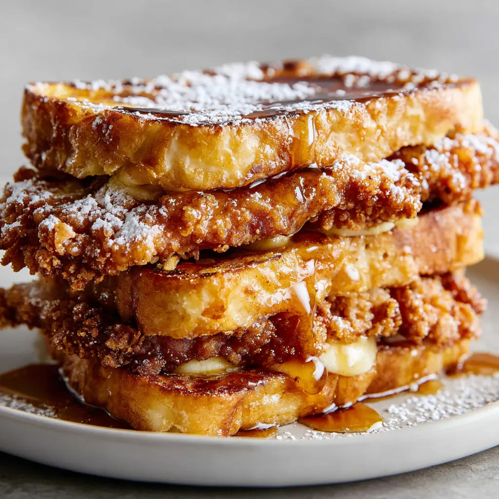 An overhead shot of the French Toast Fried Chicken Sandwich, with powdered sugar dusting the top slice of golden-brown French toast.