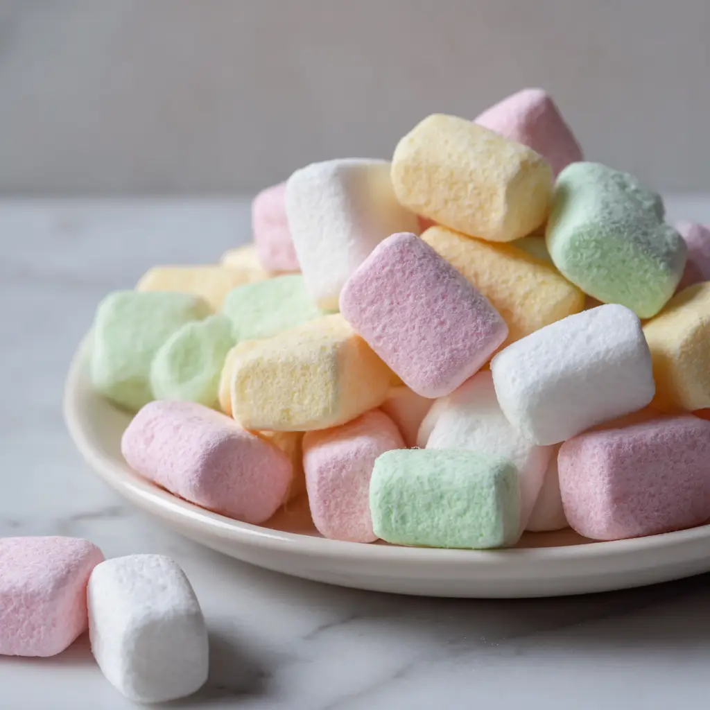 Homemade Butter Mints (The Ultimate Melt-in-Your-Mouth Recipe) 3 A pile of pastel pink, green, yellow, and white homemade butter mints in a shallow white ceramic dish, with a few scattered on the marble surface. (Homemade Butter Mints)